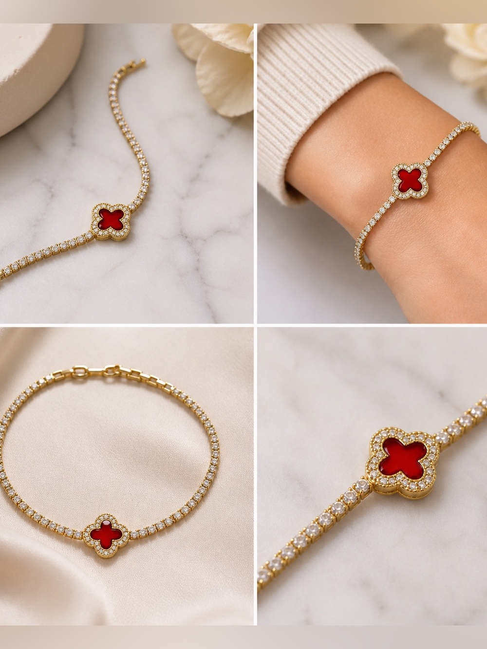Gold clover tennis Bracelet with Red Stone Clover Accent - medium size fit most